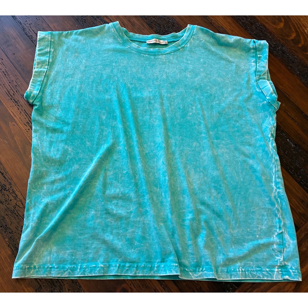 Zenana Turquoise Distressed TShirt Short Sleeve Casual Cute Women's Size Medium - Picture 2 of 5